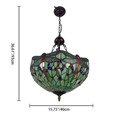 Traditional Tiffany Alloy & Stained Glass Dragonfly Dome 3-Light Chandelier For Living Room