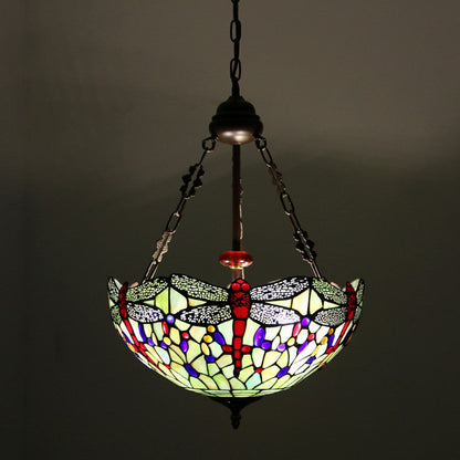 Traditional Tiffany Alloy & Stained Glass Dragonfly Dome 3-Light Chandelier For Living Room