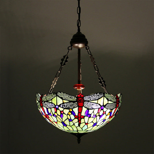 Traditional Tiffany Alloy & Stained Glass Dragonfly Dome 3-Light Chandelier For Living Room