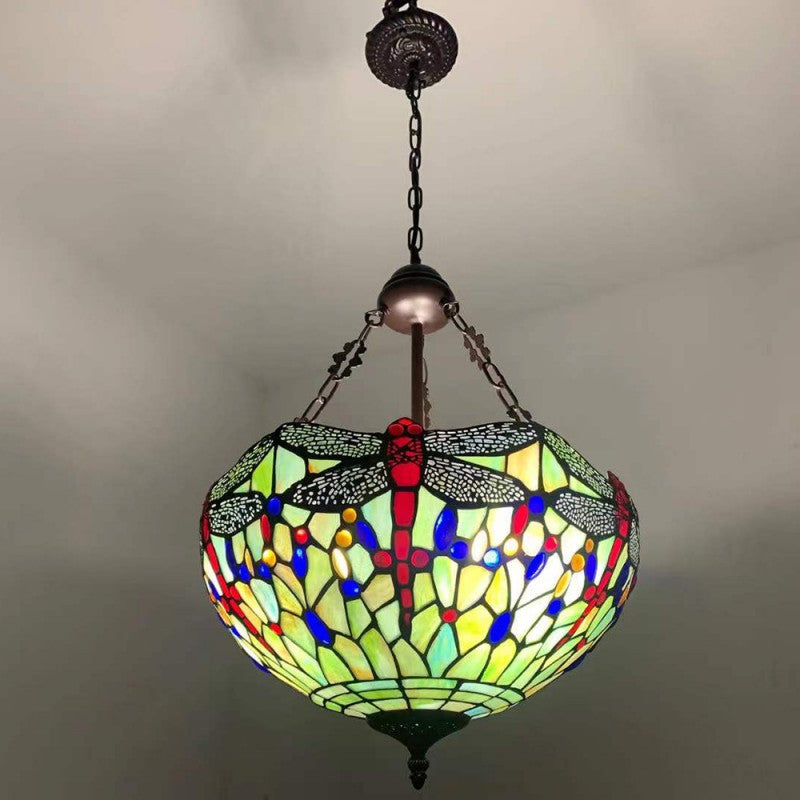 Traditional Tiffany Alloy & Stained Glass Dragonfly Dome 3-Light Chandelier For Living Room