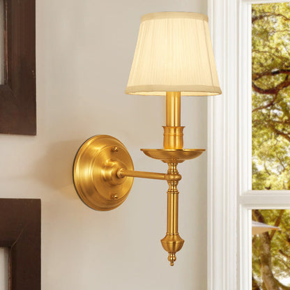 Traditional French Brass & Fabric Round Shade 1-Light Wall Sconce Lamp For Living Room