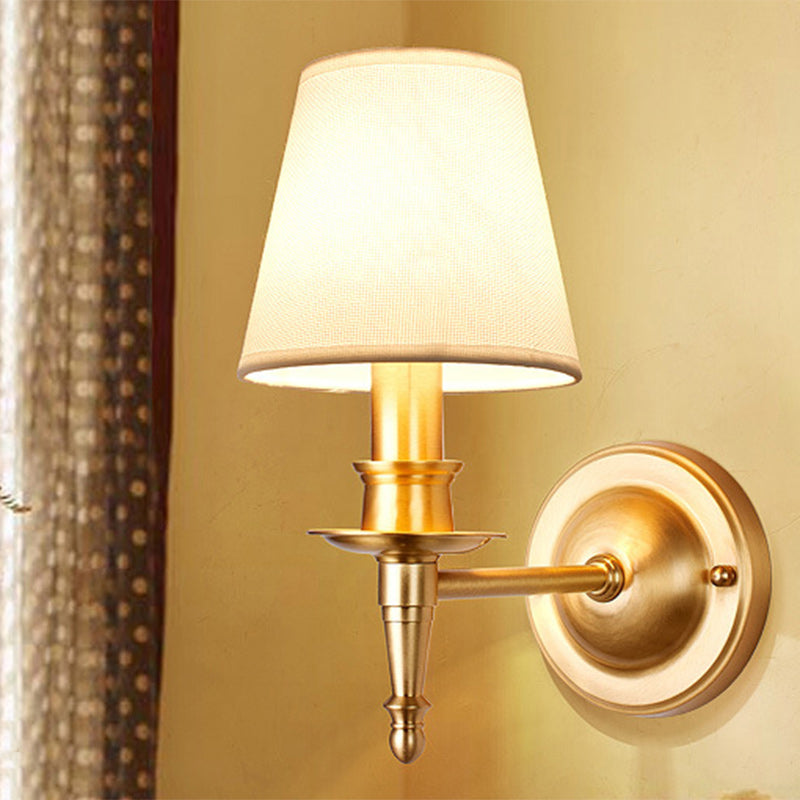 Traditional French Brass & Fabric Round Shade 1-Light Wall Sconce Lamp For Living Room