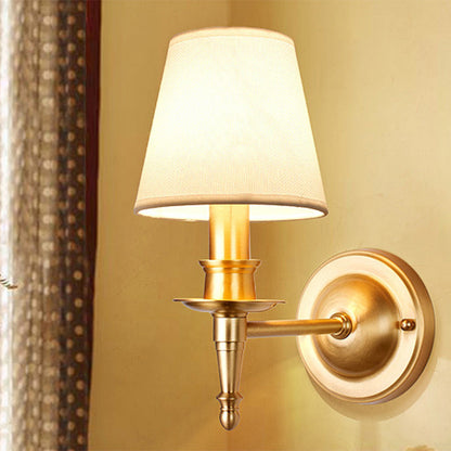 Traditional French Brass & Fabric Round Shade 1-Light Wall Sconce Lamp For Living Room