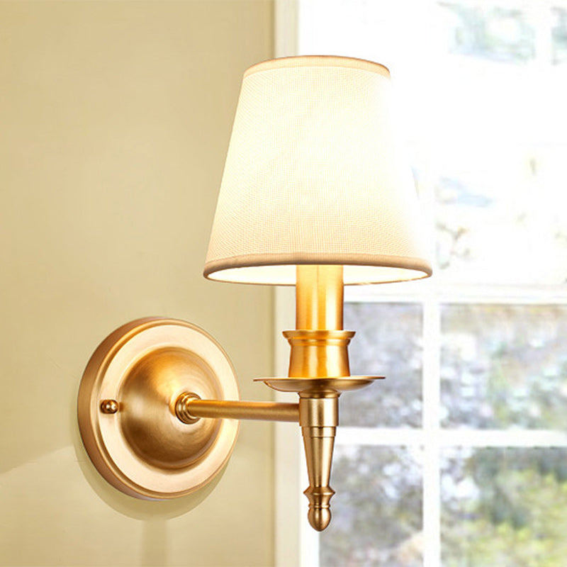 Traditional French Brass & Fabric Round Shade 1-Light Wall Sconce Lamp For Living Room