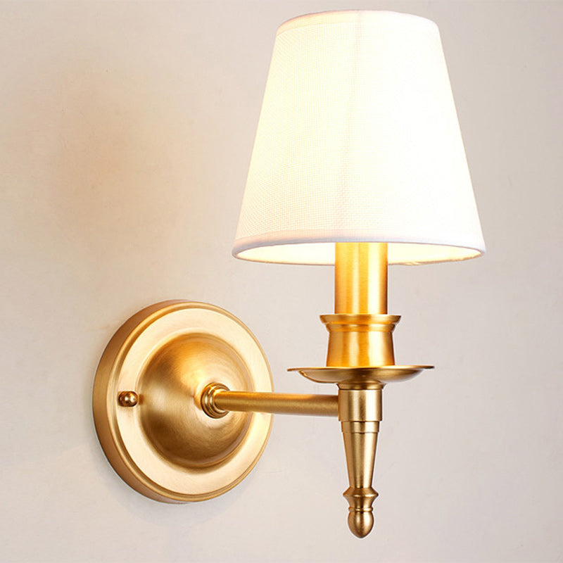 Traditional French Brass & Fabric Round Shade 1-Light Wall Sconce Lamp For Living Room