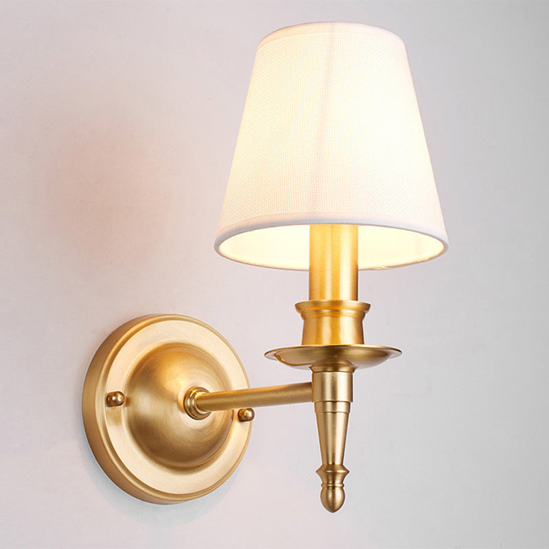Traditional French Brass & Fabric Round Shade 1-Light Wall Sconce Lamp For Living Room