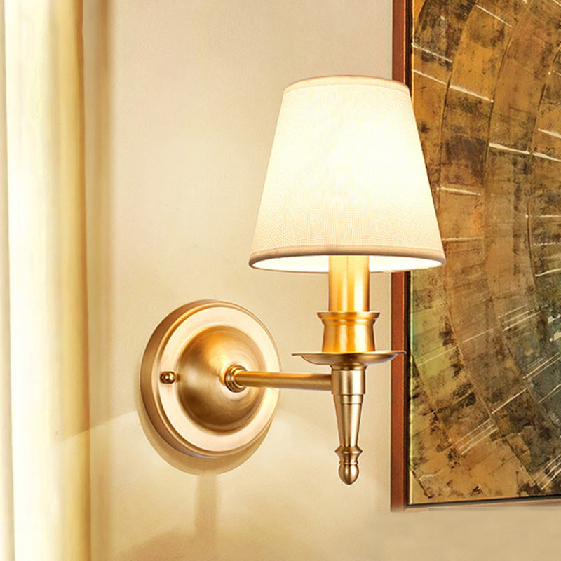 Traditional French Brass & Fabric Round Shade 1-Light Wall Sconce Lamp For Living Room