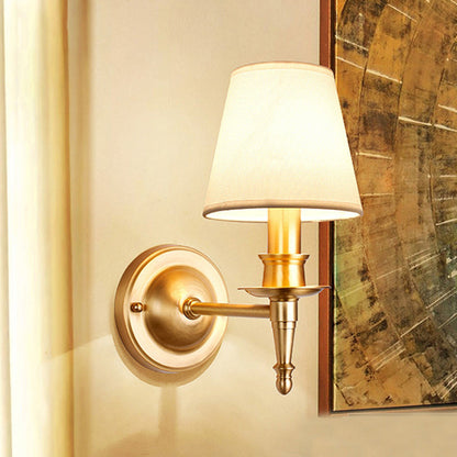 Traditional French Brass & Fabric Round Shade 1-Light Wall Sconce Lamp For Living Room