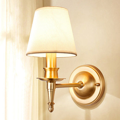Traditional French Brass & Fabric Round Shade 1-Light Wall Sconce Lamp For Living Room