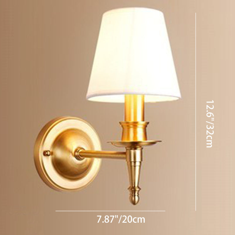 Traditional French Brass & Fabric Round Shade 1-Light Wall Sconce Lamp For Living Room