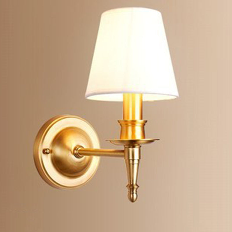Traditional French Brass & Fabric Round Shade 1-Light Wall Sconce Lamp For Living Room