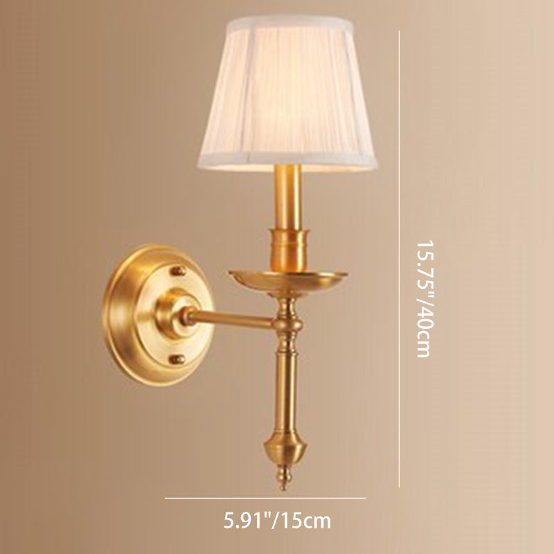 Traditional French Brass & Fabric Round Shade 1-Light Wall Sconce Lamp For Living Room