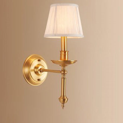 Traditional French Brass & Fabric Round Shade 1-Light Wall Sconce Lamp For Living Room