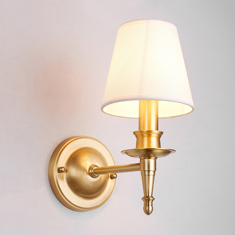 Traditional French Brass & Fabric Round Shade 1-Light Wall Sconce Lamp For Living Room