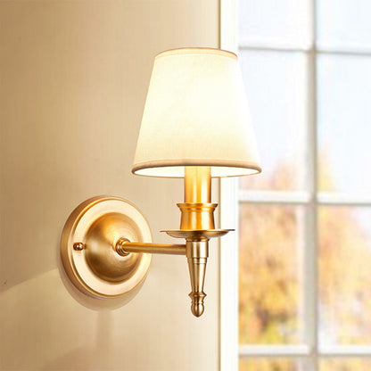 Traditional French Brass & Fabric Round Shade 1-Light Wall Sconce Lamp For Living Room