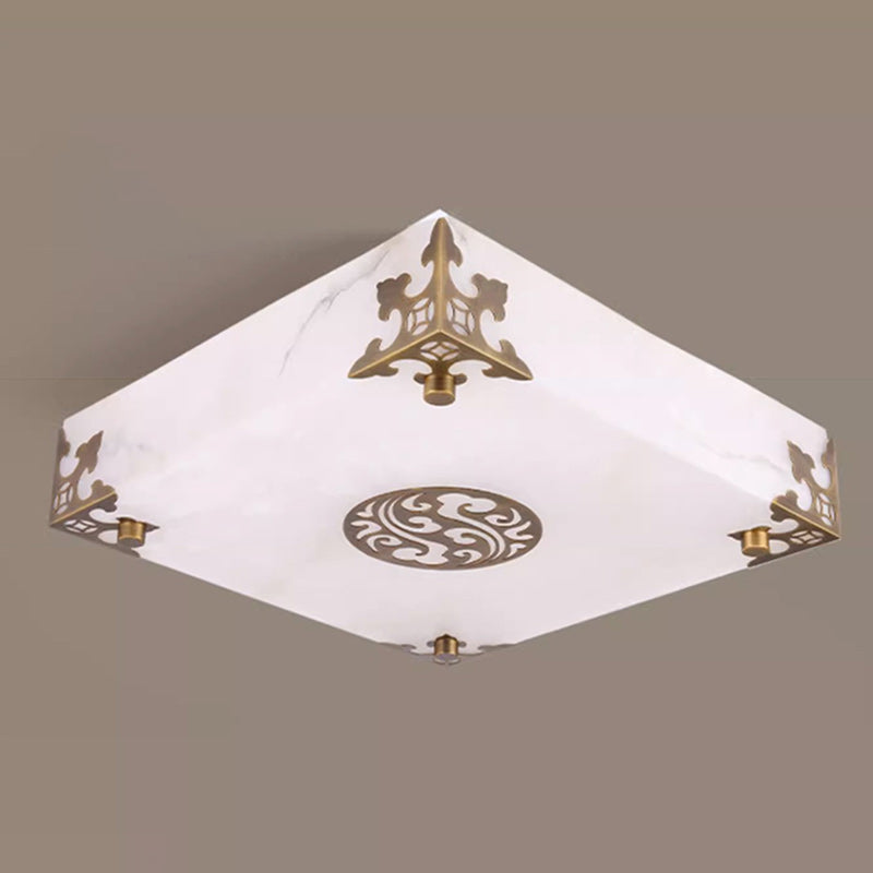 Traditional Chinese Brass & Jade Square LED Flush Mount Ceiling Light For Living Room