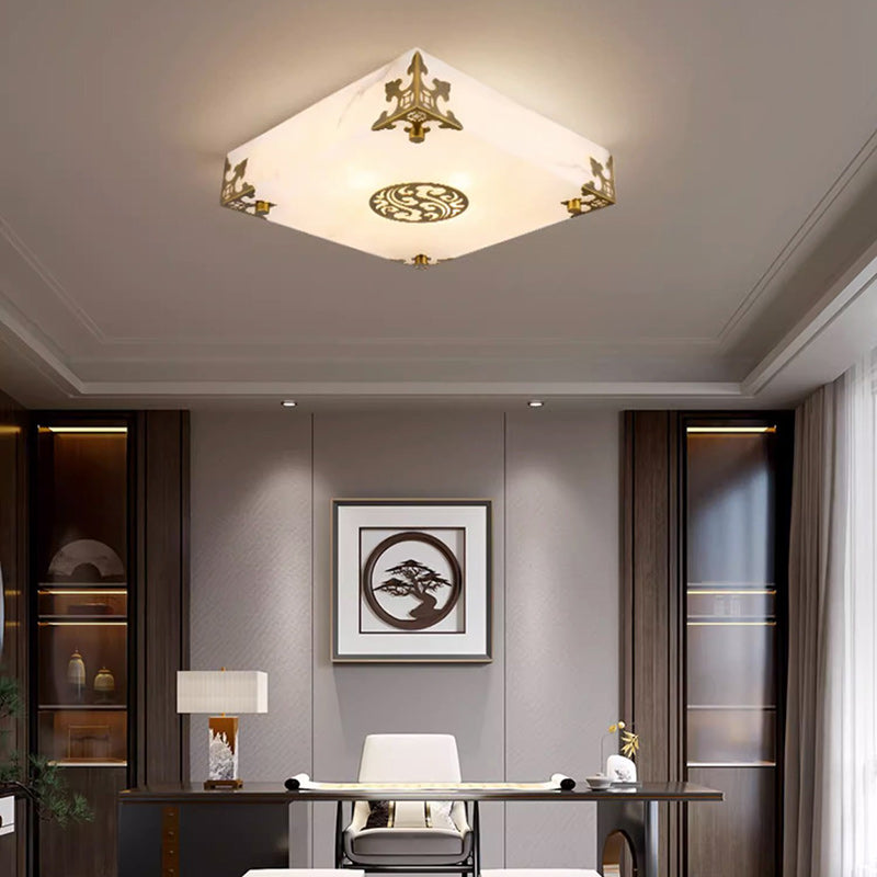 Traditional Chinese Brass & Jade Square LED Flush Mount Ceiling Light For Living Room