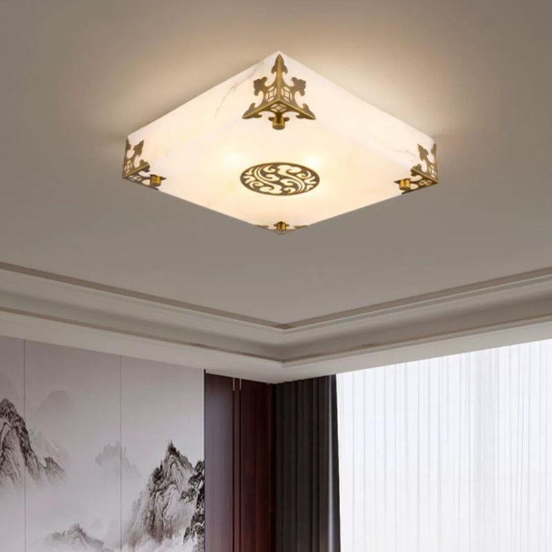 Traditional Chinese Brass & Jade Square LED Flush Mount Ceiling Light For Living Room
