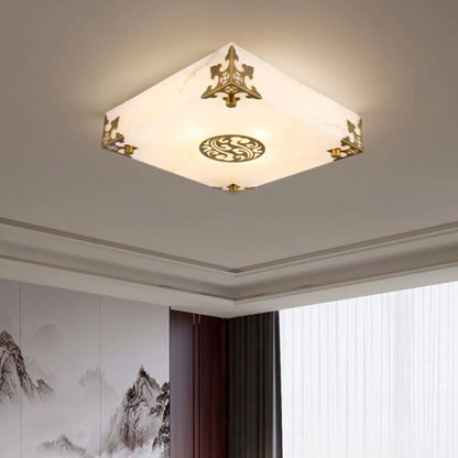 Traditional Chinese Brass & Jade Square LED Flush Mount Ceiling Light For Living Room
