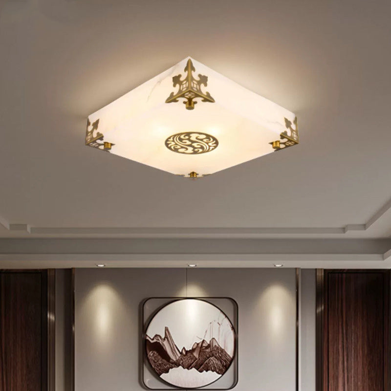 Traditional Chinese Brass & Jade Square LED Flush Mount Ceiling Light For Living Room