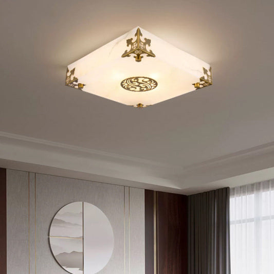 Traditional Chinese Brass & Jade Square LED Flush Mount Ceiling Light For Living Room