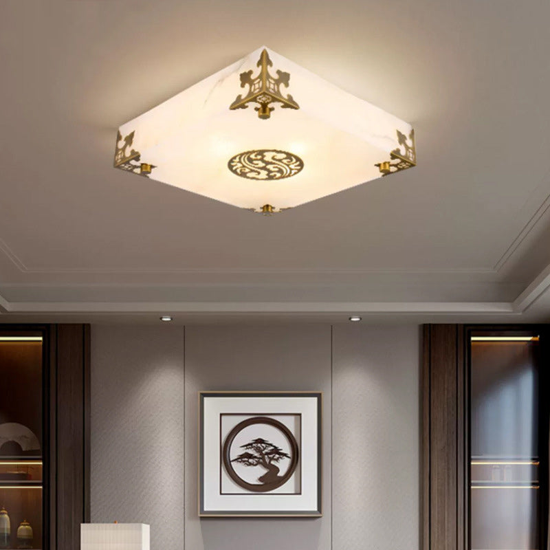 Traditional Chinese Brass & Jade Square LED Flush Mount Ceiling Light For Living Room