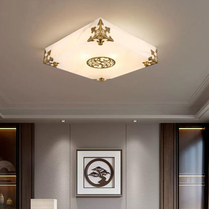 Traditional Chinese Brass & Jade Square LED Flush Mount Ceiling Light For Living Room