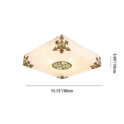 Traditional Chinese Brass & Jade Square LED Flush Mount Ceiling Light For Living Room