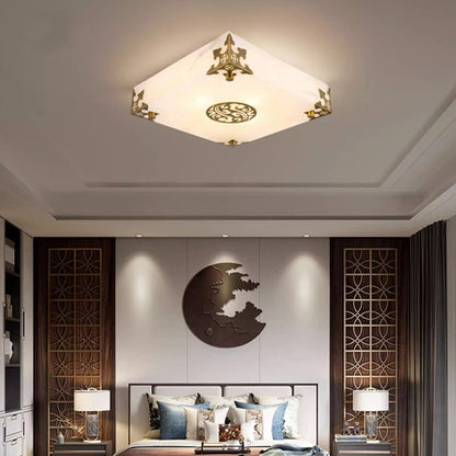 Traditional Chinese Brass & Jade Square LED Flush Mount Ceiling Light For Living Room