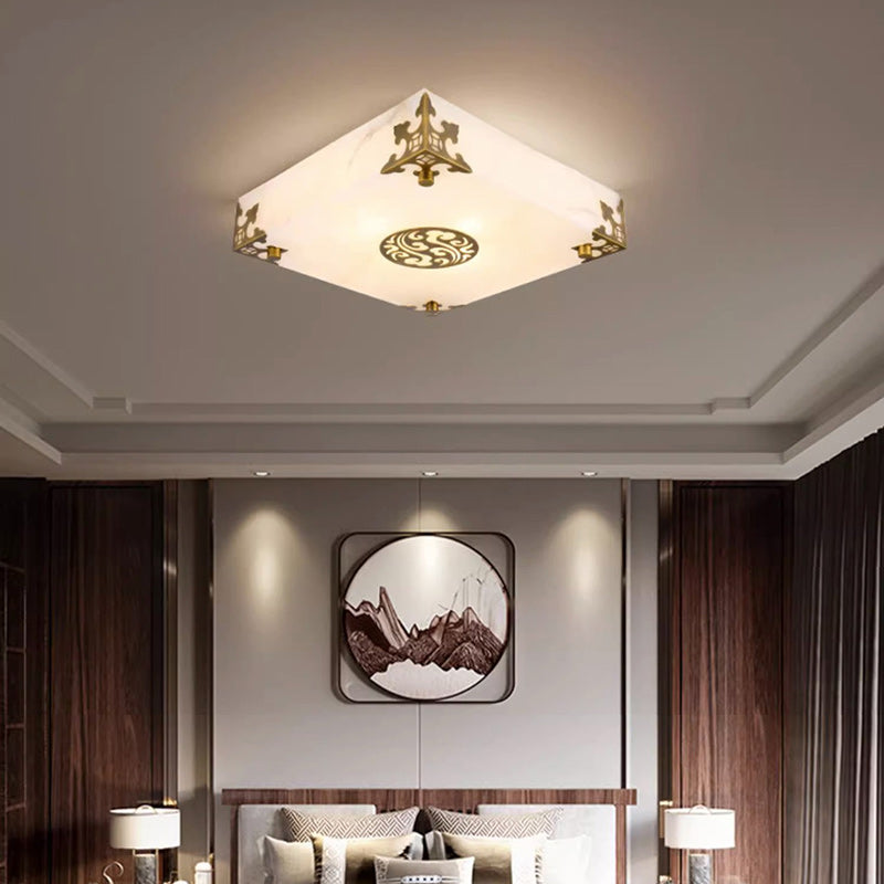 Traditional Chinese Brass & Jade Square LED Flush Mount Ceiling Light For Living Room