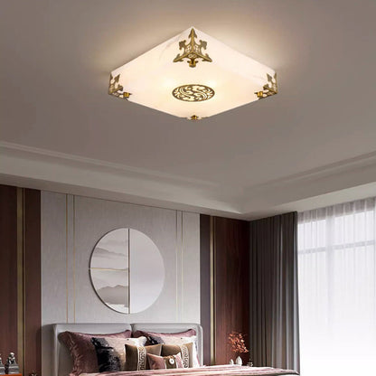 Traditional Chinese Brass & Jade Square LED Flush Mount Ceiling Light For Living Room