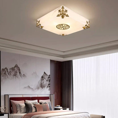 Traditional Chinese Brass & Jade Square LED Flush Mount Ceiling Light For Living Room