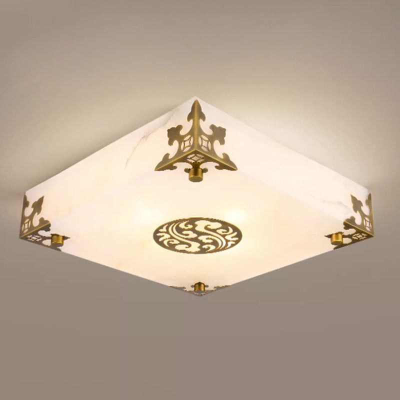 Traditional Chinese Brass & Jade Square LED Flush Mount Ceiling Light For Living Room