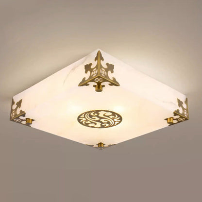 Traditional Chinese Brass & Jade Square LED Flush Mount Ceiling Light For Living Room