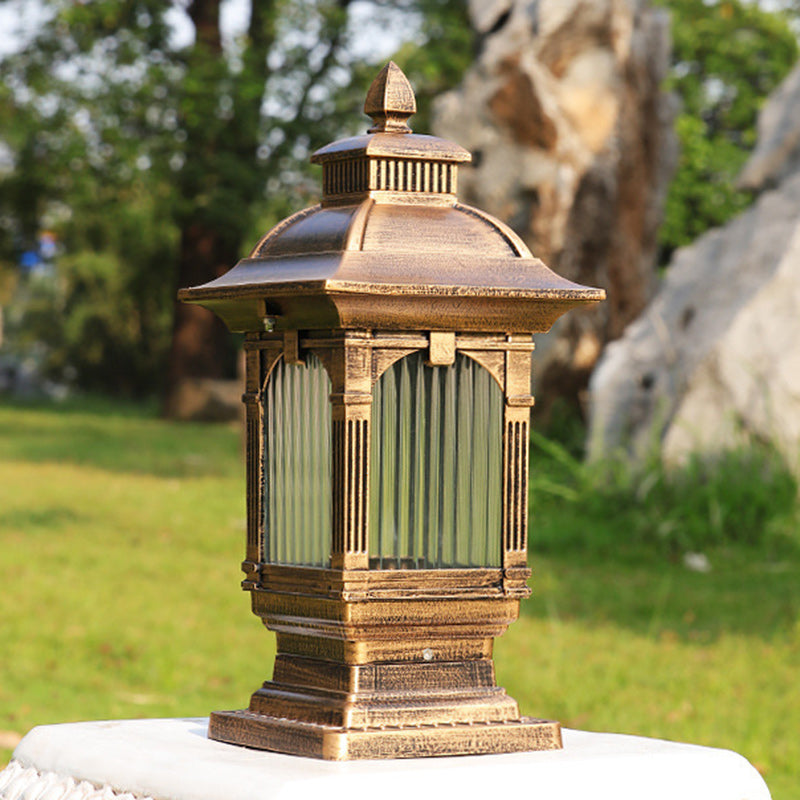 Traditional European Aluminum & Glass Striped Rectangular 1-Light Post Head Outdoor Light For Garden