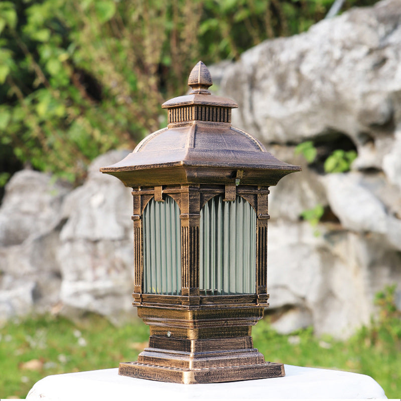 Traditional European Aluminum & Glass Striped Rectangular 1-Light Post Head Outdoor Light For Garden