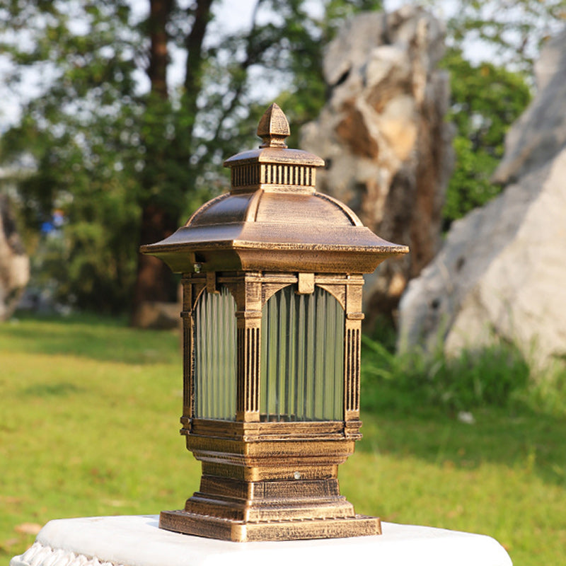 Traditional European Aluminum & Glass Striped Rectangular 1-Light Post Head Outdoor Light For Garden