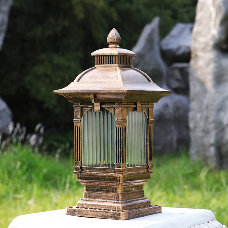 Traditional European Aluminum & Glass Striped Rectangular 1-Light Post Head Outdoor Light For Garden