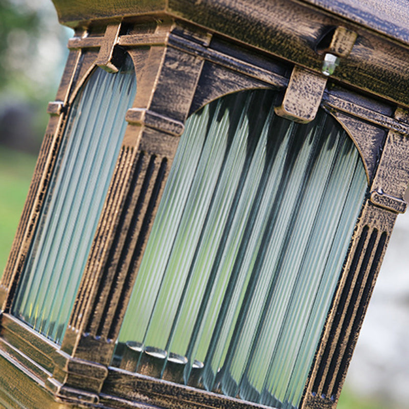Traditional European Aluminum & Glass Striped Rectangular 1-Light Post Head Outdoor Light For Garden
