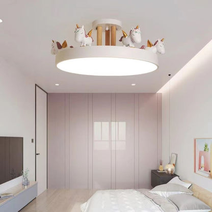 Contemporary Creative Resin Iron Acrylic Wood Unicorn Round LED Semi-Flush Mount Ceiling Light For Bedroom