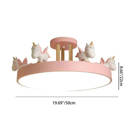 Contemporary Creative Resin Iron Acrylic Wood Unicorn Round LED Semi-Flush Mount Ceiling Light For Bedroom