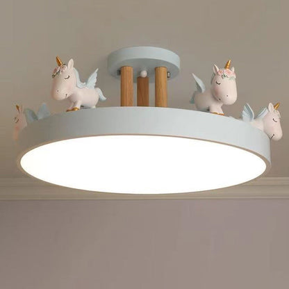 Contemporary Creative Resin Iron Acrylic Wood Unicorn Round LED Semi-Flush Mount Ceiling Light For Bedroom