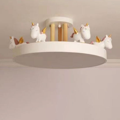 Contemporary Creative Resin Iron Acrylic Wood Unicorn Round LED Semi-Flush Mount Ceiling Light For Bedroom