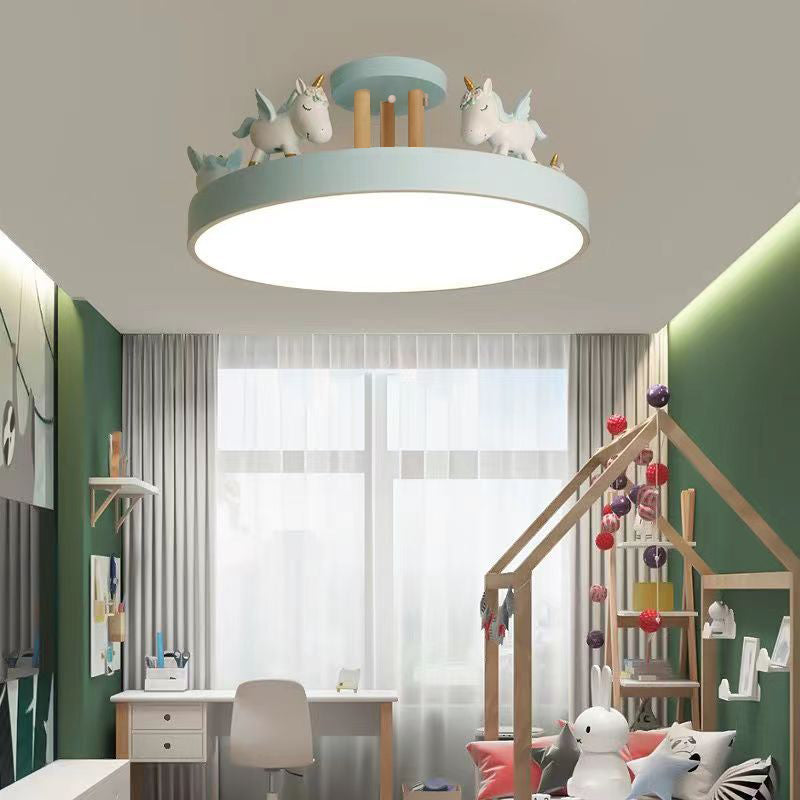 Contemporary Creative Resin Iron Acrylic Wood Unicorn Round LED Semi-Flush Mount Ceiling Light For Bedroom
