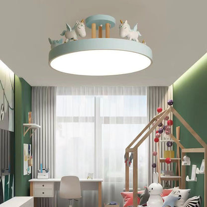 Contemporary Creative Resin Iron Acrylic Wood Unicorn Round LED Semi-Flush Mount Ceiling Light For Bedroom