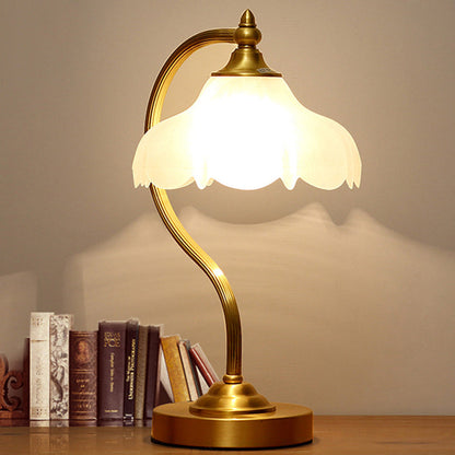 Traditional European Brass Glass Floral Shade Round Base 1-Light Table Lamp For Bedroom