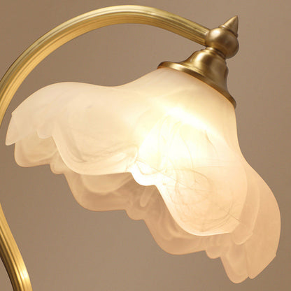 Traditional European Brass Glass Floral Shade Round Base 1-Light Table Lamp For Bedroom