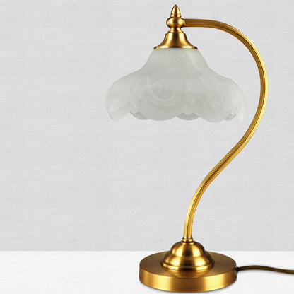 Traditional European Brass Glass Floral Shade Round Base 1-Light Table Lamp For Bedroom