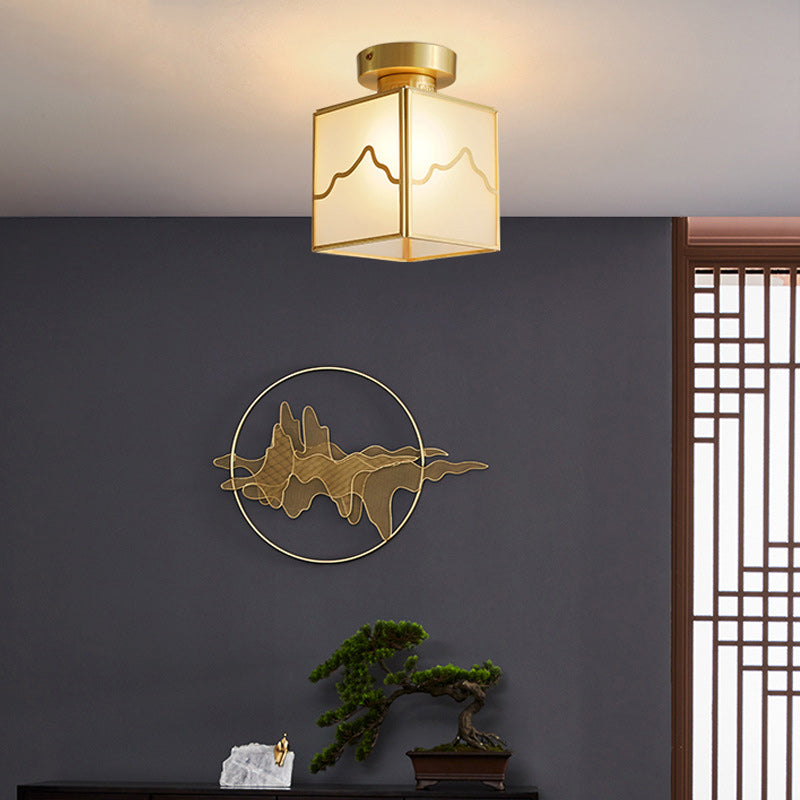 Traditional Chinese Brass Cylindrical Square 1-Light Semi-Flush Mount Ceiling Light For Living Room