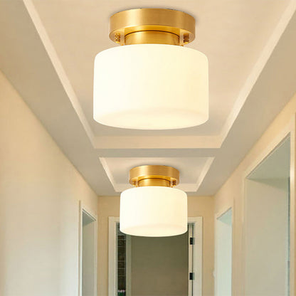 Traditional Chinese Brass Cylindrical Square 1-Light Semi-Flush Mount Ceiling Light For Living Room